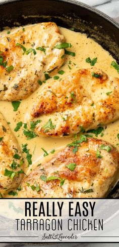 a skillet with chicken in creamy sauce and text overlay that reads really easy tarragon chicken Tarragon Chicken Recipe, French Chicken Recipes, Gourmet Comfort Food, Tarragon Recipes, Herb Chicken Recipes, Undercooked Chicken, Tarragon Chicken, Chicken Skillet Recipes, Gourmet Dinner