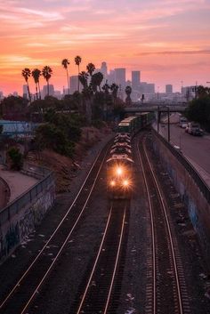 a train is traveling down the railroad tracks at sunset with palm trees in the background