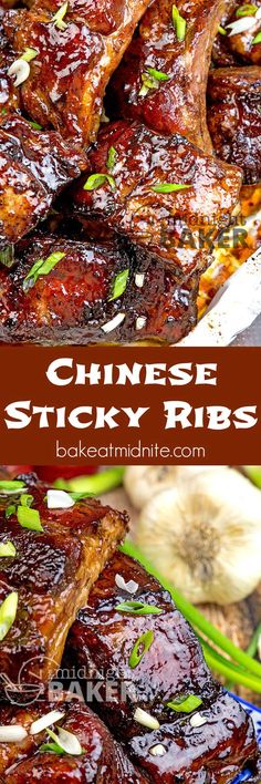 chinese sticky ribs on a plate with chopsticks and garlic in the background, text overlay