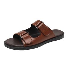 Men Summer Beach Outwear Leather Slide Sandals - $67 Brown Single Toe Strap Slippers For Beach, Brown Slides With Leather Footbed For The Beach, Brown Leather Footbed Slides For Beach, Brown Leather Footbed Slippers For Vacation, Brown Slide Slippers For Vacation, Brown Leather Slide Flip Flops, Brown Leather Slippers For Vacation, Brown Slides For Vacation, Brown Round Toe Slides For Vacation