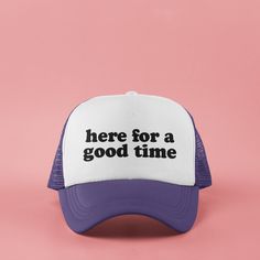 🧡This Here for a Good Time custom snapback trucker hat is great for any occasion. Full of style, comfort, and laughs, it's perfect to wear to bachelor/bachelorette parties, birthdays, reunions, brunches, game days, cruises, vacations, festivals, concerts, camping trips, and more. Cover up any bad hair day and make a fashion statement with this practical accessory. Make your friends laugh when you wear it out or gift one to your mom, dad, brother, sister, girlfriend, boyfriend, husband, wife, or Trendy Flat Brim Baseball Cap With Letter Print, Funny Letter Print Trucker Hat For Streetwear, Funny Snapback Hat With Letter Print, Flat Brim Trucker Hat With Letter Print, Funny Trucker Hat, One Size Fits Most, Funny Adjustable Trucker Baseball Cap, Funny Trucker Hat One Size, Funny Adjustable Trucker Hat, Funny One Size Fits Most Trucker Cap