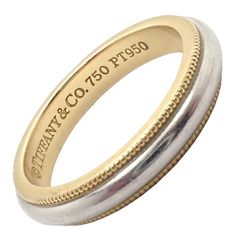 Tiffany & Co. 18k Yellow Gold Platinum 4mm Band Classic Milgrain Ring Sz 5 | Fortrove Chanel Ring, Milgrain Ring, Watch Cufflinks, Jewelry Tiffany, Hermes Jewelry, Gold Bangles Design, Bangle Designs, Gold Platinum, Gold Bangles