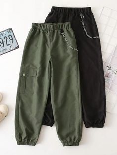 Tween Girl 2pcs Chain Detail Cargo Pants Multicolor Casual   Woven Fabric Plain Jogger Non-Stretch  Tween Girls Clothing, size features are:Bust: ,Length: ,Sleeve Length: Grunge Pants, Pantalon Cargo, Fashion Online Shop, Cargo Pants, All Fashion, Jogging, Daily Wear, Color Mixing