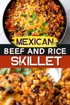 This Mexican beef and rice skillet is a hearty, satisfying meal everyone loves! With ground beef, beans, corn, tomatoes, and cheese, it's so full of flavor. Mexican Ground Beef And Rice Recipes, Hamburger And Black Bean Recipes, Mexican Rice Bowl Recipe Ground Beef, Unstuffed Peppers Skillet, Hamburger Rice Skillet, Creative Ground Beef Recipes, Ground Beef Healthy Recipes For Dinner, Healthy Meals With Ground Beef, Ground Beef With Rice