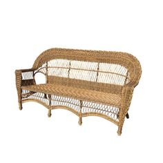 a wicker bench with arm rests on an isolated white background