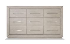 a white dresser with many drawers and handles on it's front side, against a white background