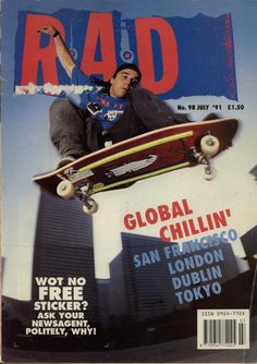 a magazine cover with a man on a skateboard in the air and buildings behind him