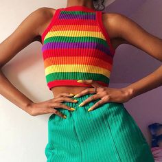 Rainbow Vest, Knitted Rainbow, Tank Top Pattern, Blouse Sleeveless, Summer Chic, Crop Top Shirts, Street Style Chic, Striped Crop Top, Sleeveless Crop Top