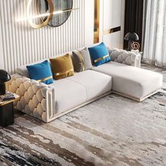 a modern living room with white couches and gold accents on the walls, along with a large rug