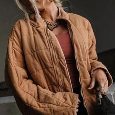 Unbranded never worn Oversized Tan quilted jacket with zipper pockets, ideal for casual outings  Pit to pit 27” Length 27” 65% Cotton 35%polyester  Woods, cottage Life free people, anthropology and urban outfitters Brown Quilted Jacket Outfit, Colorado Vibes, Virtual Wardrobe, Closet Essentials, Every Color, Looks Style