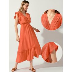 This dress exudes bohemian charm and elegance. The V neckline highlights your collarbone, creating a flattering and feminine silhouette. The ruffle gathering creates a flattering fit and adds a playful element to the overall design. It enhances the uniqueness and character of the dress, making it stand out from the crowd. The elegant ruffle detailing adds a touch of whimsy and femininity to the dress. The cascading ruffles create a soft and romantic flow, enhancing the overall charm and creating Bohemian Maxi Dress With V-neck And Ruched Details, Bohemian Maxi Dress With Ruffle Hem And Straps, Bohemian Maxi Dress With Ruffled Straps, Solid Maxi Dress With Ruffle Hem For Beach, Solid Color Maxi Dress With Ruffle Hem For Beach, Bohemian Ruched Dress With Ruffled Straps, Bohemian Dress With Ruched Detail And Ruffled Straps, Bohemian Dress With Smocked Bodice, Bohemian Orange Maxi Dress With Ruffles