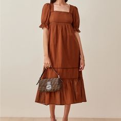 Nwt Reformation Bekkah Dress. Size Xl. Color - Cinnamon. Elegant Square Neck Midi Dress For Vacation, Brown Square Neck Dresses With Ruffles, Elegant Brown Summer Dress, Elegant Brown Midi Dress For Daywear, Elegant Brown Maxi Dress For Daywear, Chic Brown Dress With Square Neckline, Chic Brown Square Neck Dress, Elegant Brown Midi Dress For Casual Wear, Elegant Brown Midi Dress For Casual Occasions