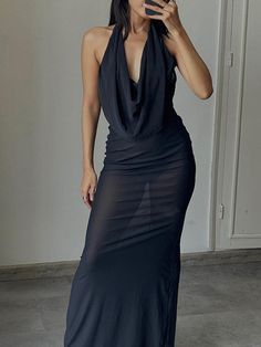 Halter Black Bodycon Maxi Dress V-neck Bodycon Maxi Dress For Beach, Chic Sheer Backless Bodycon Dress, Backless V-neck Dress For Night Out, Party Sheer V-neck Bodycon Dress, V-neck Backless Dress For Night Out, Sheer Halter Neck Maxi Dress For Night Out, Beach Bodycon V-neck Maxi Dress, Stretch Backless V-neck Dress For Club, Stretch Sleeveless Sheer Maxi Dress