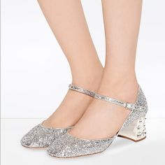 Miu Miu Embellished Mary Jane Pumps Brand New In Box With Dust Bags And Authenticity Card Size Eu 36.5 Originally Over $1000 W Tax Silver-Tone Embellished Mary Jane Pumps From Miu Miu Featuring Round Toe, Buckle Fastening Ankle Strap, Synthetic Crystal Embellishments, Mid Block Heel And Glitter Detailing. 100% Authentic Embellished Flat Heels For Prom, Miu Miu Low Heel Luxury Heels, Miu Miu Luxury Low Heel Heels, Miu Miu Luxury Low Heel Shoes, Luxury Embellished Heels For Prom, Miu Miu Block Heel Formal Heels, Miu Miu Block Heels For Formal Occasions, Glamorous Embellished Flat Heels, Elegant Low Heel Miu Miu Heels