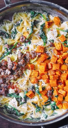 Creamy Butternut Squash Pasta with Sausage and Spinach in a stainless steel pan Non Processed Dinner Ideas, Lunch Sides For Work, Christmas Pasta Dishes, Butternut Squash Pasta With Sausage, Pasta With Sausage And Spinach, Roasted Butternut Squash Pasta, Creamy Butternut Squash Pasta, Butternut Squash Recipes Pasta, Julia's Album