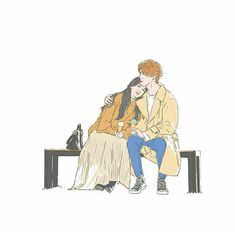 a drawing of two people sitting on a bench