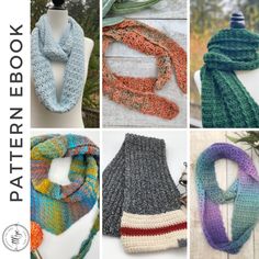 four different crocheted scarves are shown with the words pattern box written below them