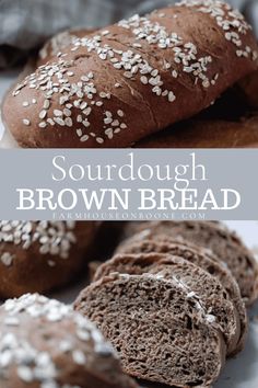 a close up of bread with sesame seeds on it and the words sourdough brownbread