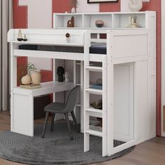 a white loft bed with desk underneath it