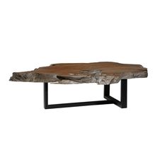 a wooden table with black metal legs and a slab of wood on the top that has been cut in half