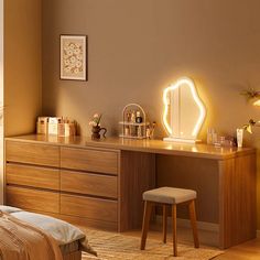 a bedroom scene with focus on the dressing table and stools, lighted by lights