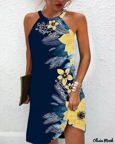 Color: blue, Size: S Long Summer Dresses Maxi, Beach Mini Dress, Dress Sleeve Length, Printed Halter Dress, Mini Sundress, Mini Dress Fashion, Crewneck Dress, Halterneck Dress, Printed Dress