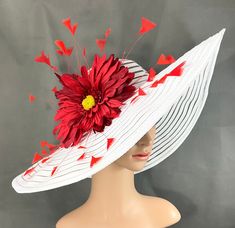 Gorgeous Kentucky Derby Hat   Ready to ship  100% Brand New  Designed & Made in USA         This gorgeous hat has a 22.5 inches interior crown circumference.The Brim is 5 3/4 inches. It fits most! Hat Base Color: White  Flower color: Red daisy with red feathers  Red color hat band This is a high quality wide brim hat with wire which could hold it's shape.It won't flop in the eyes and face. Would be great for Wedding, Bridal Shower, Tea Party, Concert,Evening Wear, Belmont,Ascot, Races, Church, A Luxury Red Fedora For Kentucky Derby, Luxury Red Hat For Kentucky Derby, Luxury Red Mini Hat For Kentucky Derby, Luxury Red Hat Bands For Kentucky Derby, Classic Kentucky Derby Hat With Structured Crown, White Fitted High Crown Hat, White Adjustable Hats With Structured Crown, White Adjustable Hat With Structured Crown, Adjustable High Crown White Hat