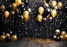 New Year Black and Gold Balloons Photography Backdrop - Gatsby Backdrop Gold And Black New Years Party, Confetti Party Decorations, New Year Photoshoot, Balloons Photography, Sweet 16 Themes, Black And Gold Balloons, Photoshoot Studio, Studio Props, Confetti Party