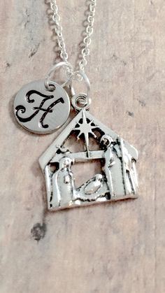 Nativity initial necklace Nativity jewelry Christmas | Etsy Tyler Tx, Christmas Necklace, Charm Necklaces, Jewelry Christmas, Holiday Time, Birthstone Charms, Religious Jewelry, Christmas Jewelry, Stainless Steel Necklace