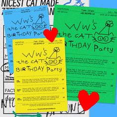 three different types of birthday party flyers with hearts on them and the words win is the cat's birthday party written in black ink