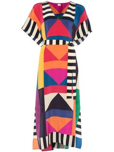 multicolour silk Kaleido Eclipse geometric print patchwork design V-neck three-quarter length sleeves detachable waist belt high-low hem Multicolor Bold Print Midi Dress For Summer, Summer Multicolor Midi Dress With Bold Print, Multicolor Printed Silk Midi Dress, Multicolor Silk Midi Dress With Abstract Print, Multicolor Silk V-neck Midi Dress, Multicolor Silk Dress With Short Sleeves, Multicolor V-neck Midi Dress With Vibrant Print, Spring Multicolor Maxi Dress With Geometric Pattern, Chic Multicolor Belted Maxi Dress