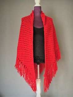 Knitted elegant soft shawl red scarf wrap for ladies knitted accessory boho style shawl for sale. Dimensions: triangular 82.6x39.3 zoll in ( ca. 210x100 cm) Color: red Material: wool, polyacrylic Care: For best results hand wash in cold water or machine warm wash (in handmade mode if avaliable) or gentle cycle and squeeze excess water after rinsing (do not wring) then lay flat on a dry towel to air-dry.  Please message me with any questions. Thanks for visiting my shop! Red Shawl Poncho For Festival, Red Fringe Shawl For Fall, Red Bohemian Shawl For Winter, Red Fringed Shawl For Fall, Red Shawl Wrap For Winter, Red Shawl Wrap, Red Shawl Wrap For Fall, Red One Size Shawl Scarf, Red Shawl Scarf One Size