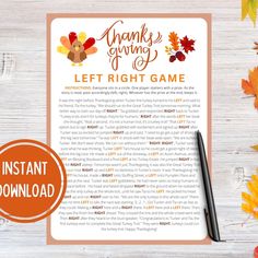 a thanksgiving letter game with leaves on it and a pen next to it, surrounded by fall leaves