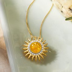 Ross-Simons - 2.00ct Citrine, .10ct t. w. Diamond Sun Pendant Necklace Over Sterling. 18". This vivacious pendant necklace will make you the center of attention. A cheery 2.00 carat citrine hosts an aura of .10 ct. t. w. diamonds, finished with 18kt yellow gold over sterling silver rays. With a noticeable presence, this necklace is for the gal who loves a fun accessory. Box chain. Springring clasp, diamond and citrine pendant necklace. Citrine birthstones are the perfect gift for November birthd Citrine Birthstone, Sun Ring, Necklace Sun, Pretty Accessories, Jewelry Design Drawing, Sun Necklace, Citrine Jewelry, Sun Pendant, Citrine Pendant