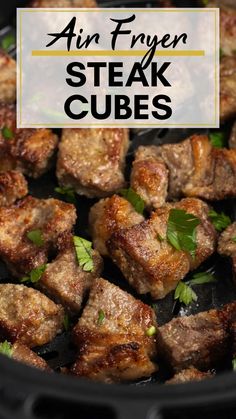 steak cubes in an air fryer with parsley on top and the title overlay