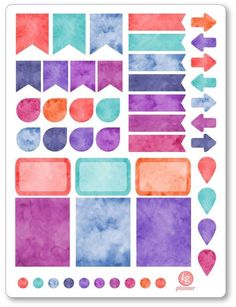 colorful watercolor shapes and arrows stickers on a white background with the words,