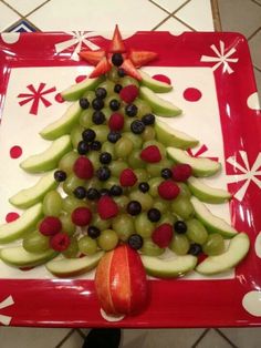 a christmas tree made out of fruit on a plate