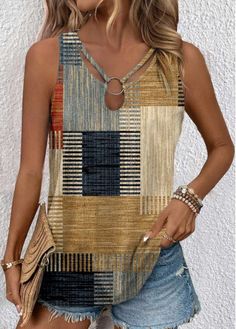 Color:Multi Color;Size:S;Size:M;Size:L;Size:XL;Size:XXL;Package Contents:1 X Tank Top;Style:Bohemian; Cheap Women's Tops With Geometric Embroidery, How To Style Crop Tops, Point Cut, Stylish Tops For Women, Office Wear Women, Trendy Tops For Women, Stripe Outfits, Trendy Fashion Tops, Printing Design