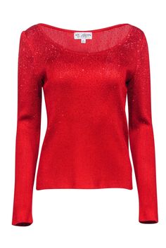 Current Boutique-St. John - Red Knit Rhinestone Scoop Neck Sweater Sz M Elegant Red Crew Neck Sweater, Elegant Festive Winter Tops, Glamorous Red Long Sleeve Top, Sparkling Long Sleeve Top For Fall, Fall Sparkling Long Sleeve Top, Red Long Sleeve Party Sweater, Red Tops For Winter Evening, Red Evening Tops For Winter, Long Sleeve Sparkling Top For Fall