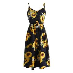 Button Sunflower Print A Line Dress - Black - 4T82698312 - Women's Clothing, Dresses  #Dresses #Women's #Clothing # #Dresses Dresses Dresses, Sunflower Print, Line Dress, Dress Size Chart, Clothing Dresses, Pretty Dresses, Fashion Women, Women Clothing, Dress Black