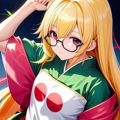 an anime character with long blonde hair, glasses and a green shirt is posing for the camera