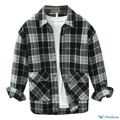 OrcaJump - Loose-fit Plaid Casual Long-Sleeve Shirt Jacket Black Winter Shirt With Pockets, Black Cotton Long-sleeved Shacket, Casual Black Cotton Shacket, Black Cotton Long Sleeve Shacket, Casual Black Collared Shacket, Casual Long Sleeve Shirts, Style Cardigan, Fabric Names, Lapel Collar