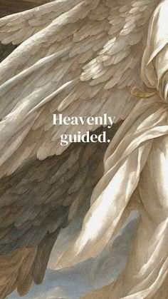 an angel with the words heavenly guided on it's back and wings spread out