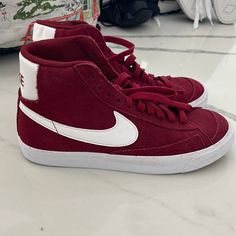 Brand New Nike Burgundy High Top Blazer Sneakers Size 5.5 Unisex! High Top Red Nike, Nike Sporty High-top Canvas Shoes, Nike Burgundy Sporty Sneakers, Nike Sporty Burgundy Sneakers, Sporty Burgundy High-top Sneakers, Nike Red Casual Skate Shoes, Casual Red Nike Skate Shoes, Burgundy High-top Sneakers For Streetwear, Casual University Red Lace-up Skate Shoes