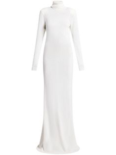 white cashmere fine knit roll neck shoulder pads long sleeves straight hem V-back maxi All White Attire, Tom Ford Dress, White Attire, Over 40 Style, Cashmere Dress, White Turtleneck, City Dress, Fantasy Gowns, Full Length Dress