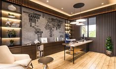 an office with wood flooring and walls decorated in black and white letters on the wall