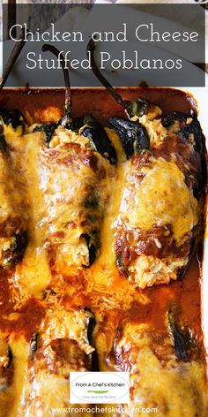 chicken and cheese stuffed poblanos in a casserole dish with text overlay