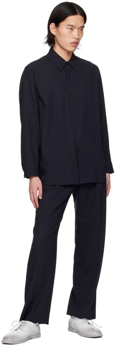 Loose-fit wool dobby cloth trousers. · Belt loops · Four-pocket styling · Zip-fly · Twin pleats at front · Central crease at front and back · Partial cupro satin lining Supplier color: Dark navy Wool Suits With Straight Pants For Work, Lapel Collar Pantsuit With Welt Pockets For Business Casual, Business Casual Long Sleeve Pantsuit With Pressed Crease, Business Casual Pantsuit With Lapel Collar And Welt Pockets, Classic Pantsuit With Pockets For Work, Wool Pantsuit With Welt Pockets For Work, Business Long Sleeve Pantsuit With Pockets, Classic Office Wear Pantsuit With Pockets, Business Pantsuit With Pockets And Long Sleeves