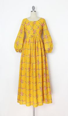 Vintage 70s Floral Maxi Dress / 1970s Prairie Dress / Lace up Bodice Dress / Yellow Floral Dress / Fall Floral Dress / Fall Maxi Dress - Etsy Long Sleeve Vintage Dress With Floral Print For Summer, Modest Maxi Dress For Fall Garden Party, Modest Fall Maxi Dress For Garden Party, Feminine Yellow Maxi Dress, Modest Floral Print Maxi Dress For Fall, Yellow Flowy Feminine Maxi Dress, Feminine Yellow Maxi Dress For Spring, Modest Fitted Maxi Dress For Garden Party, Spring Floral Print Maxi Prairie Dress