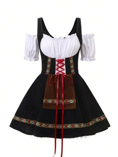 Plus Size Oktoberfest Carnival Costumes For Women German Dirndl Cosplay Dress Black Boho  Short Sleeve Woven Fabric Colorblock,Plants  Non-Stretch  World Apparel, size features are:Bust: ,Length: ,Sleeve Length: German Culture Clothing, Minion Costume For Women, Octoberfest Costume, German Clothes, Traditional German Clothing, Dirndl Dress Oktoberfest, German Costume, German Clothing, Oktoberfest Costume